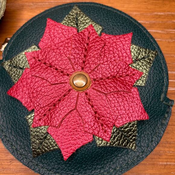 Portland Leather Holiday Pouch Set of 2 PLG Keychain Gingerbread Poinsettia - Picture 4 of 7